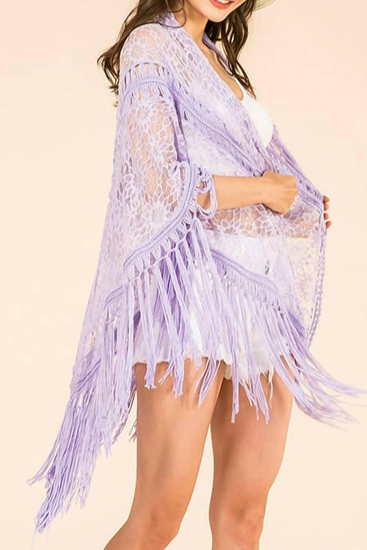 Jen & Co. - Crochet Trim Fringe Boho Kimono Wrap Coverup