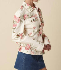 OLIVACEOUS Ciara Denim Floral Shirt Jacket in multi - women's jacket - detail view