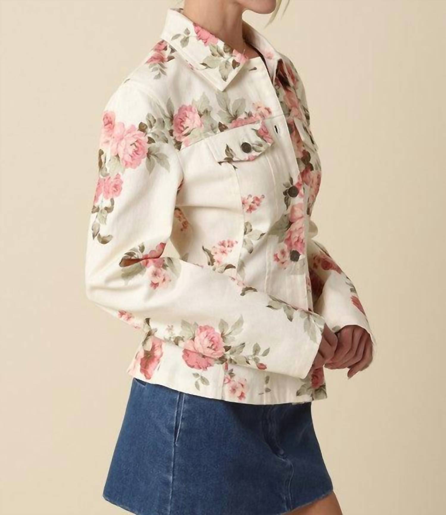 OLIVACEOUS Ciara Denim Floral Shirt Jacket in multi - women's jacket - detail view