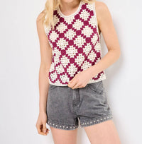 Suncoo Perida Crochet Tank Top in prune and cream - women's tank top