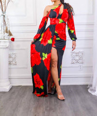 Surelymine - Roses Are Red Asymmetrical Draped Floral Dress