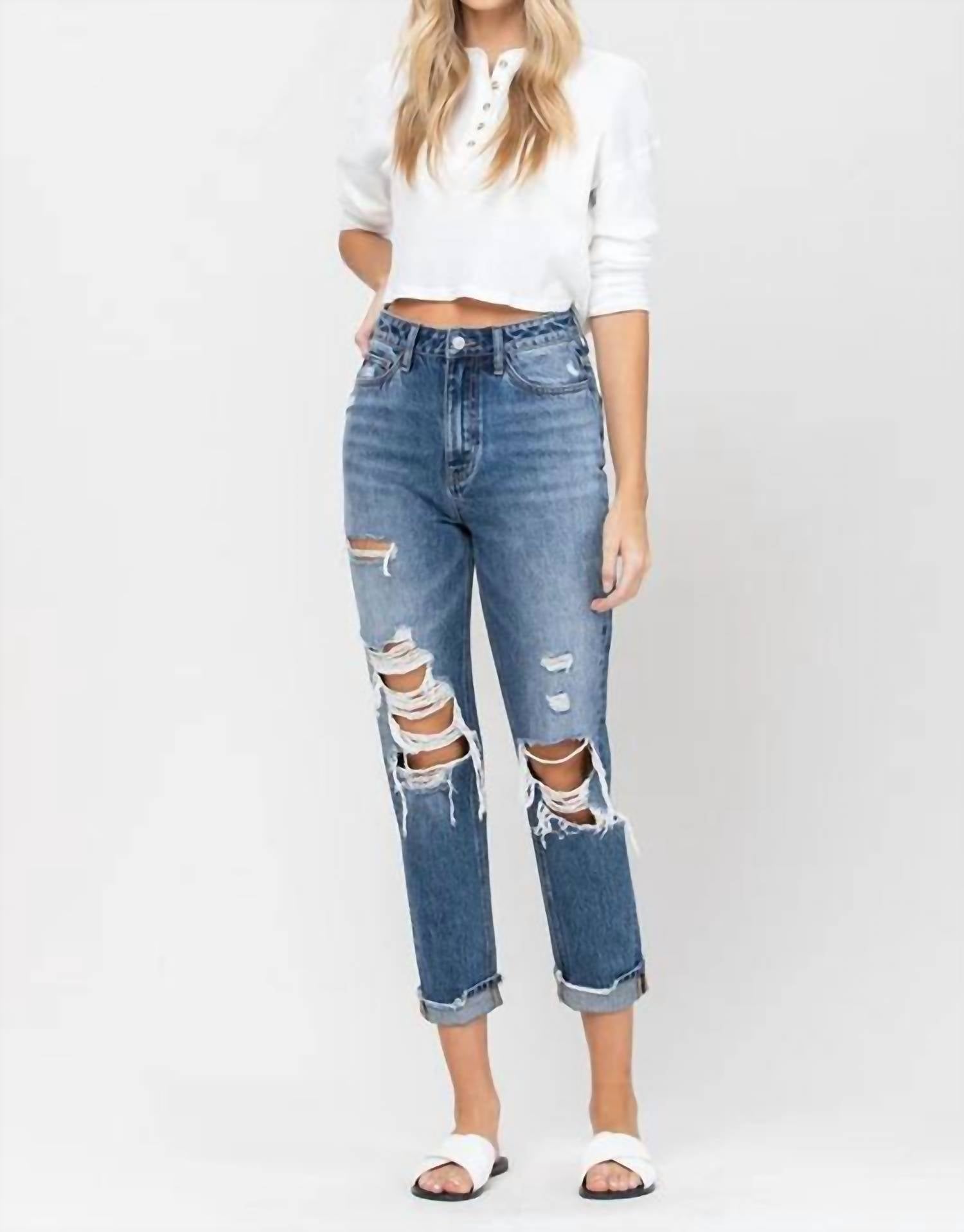 Vervet By Flying Monkey - Emma Distressed Cuffed Mom Jeans