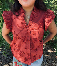 Entro - Embroidered Sleeveless Ruffle Collar Top