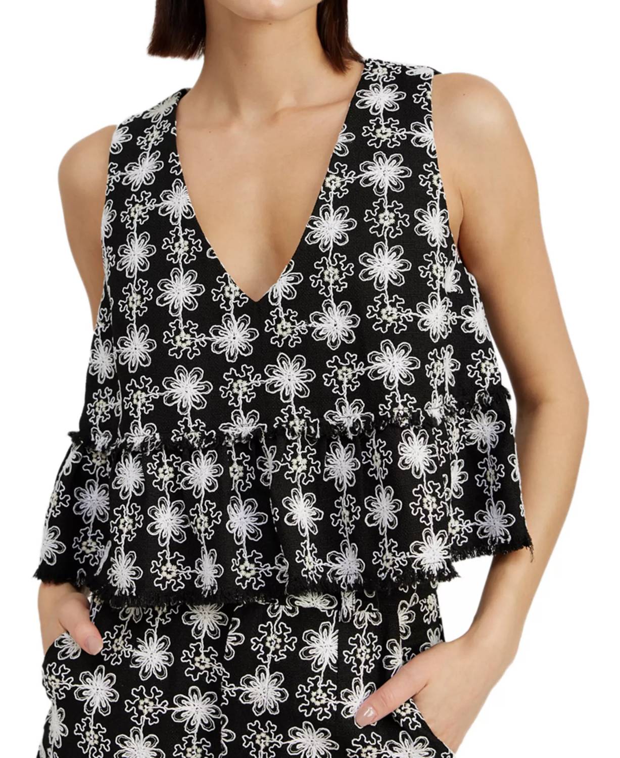 En Saison Elsie Embroidered Tweed Peplum Top in black - women's shirt
