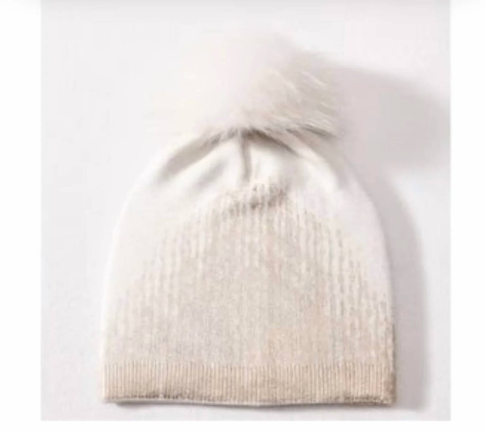 Prenelove - Women's Avery Foil Beanie With Real Fur Pompom
