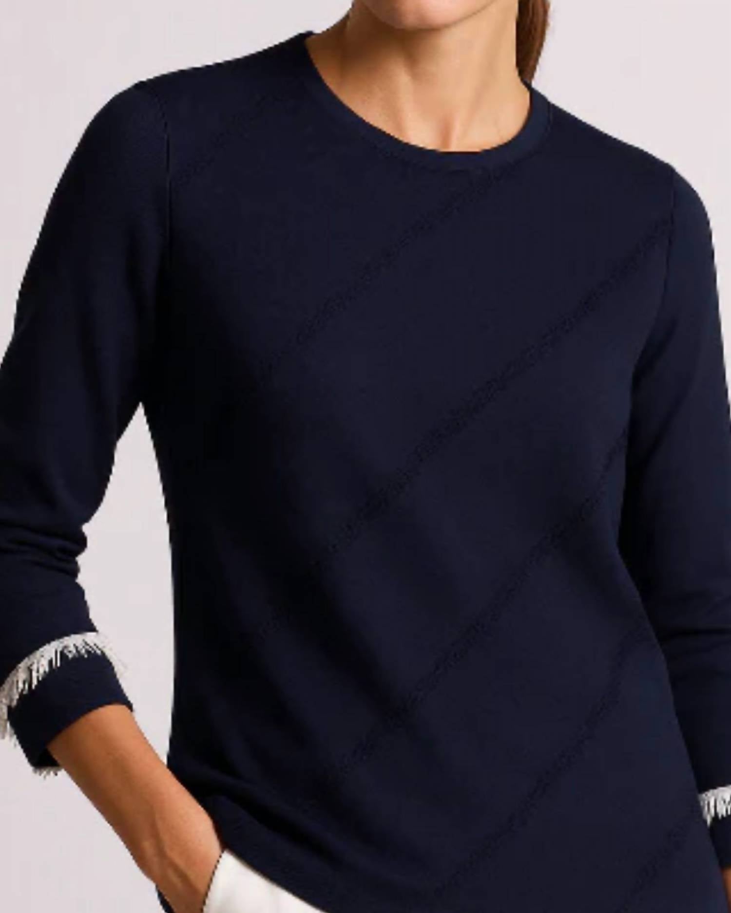 J'Envie/Eli Sorrento Fringe Top in navy white - women's blouse - detail view