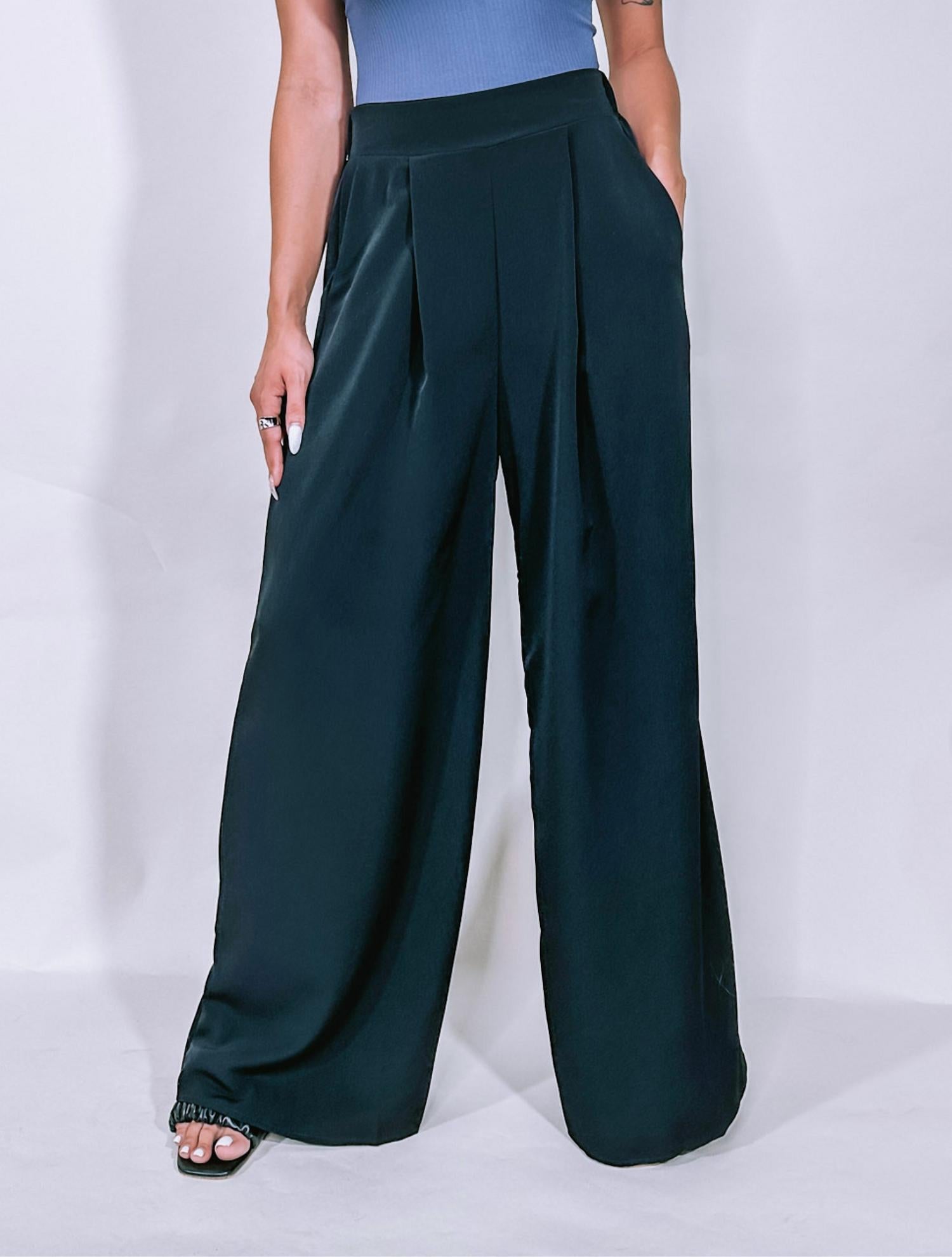 BUCKETLIST Pleated Wide Leg Trousers in black - women's pants