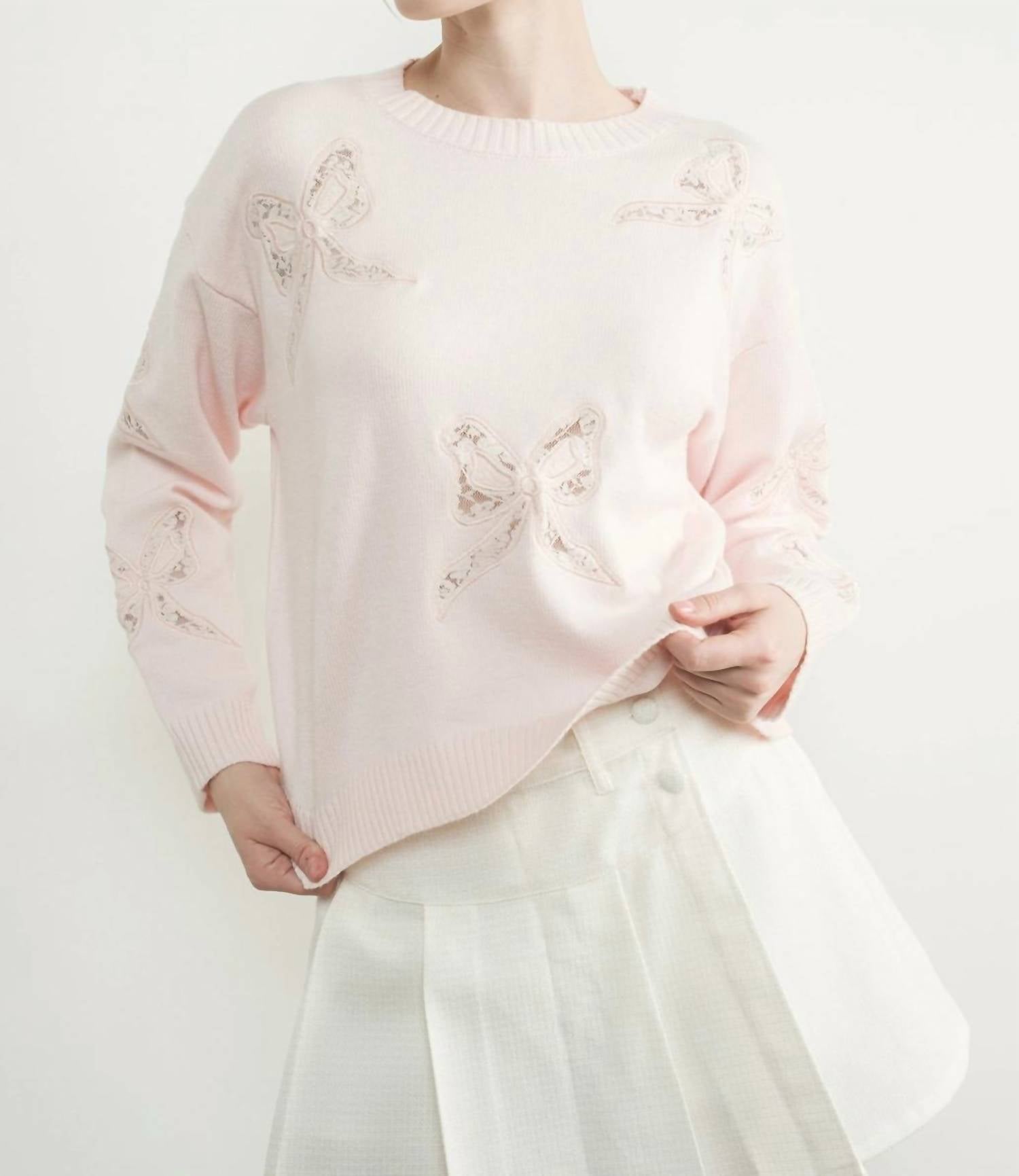 Aaron & Amber - Lace Embroidered Round Neck Bow Sweater