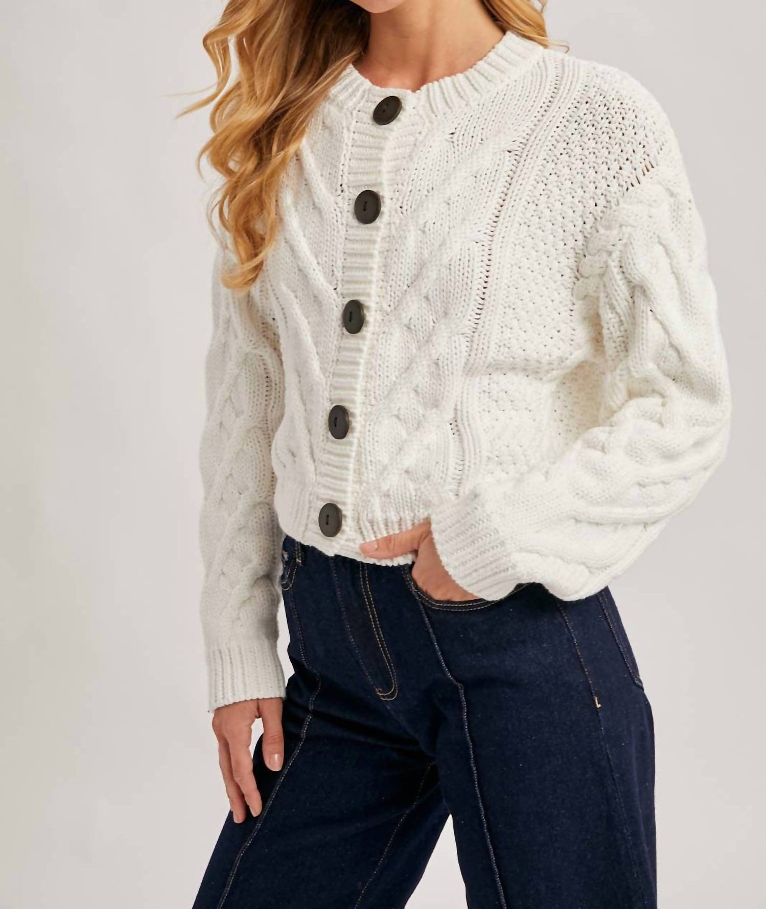 Bluivy - Cropped Button Front Cable Knit Cardigan