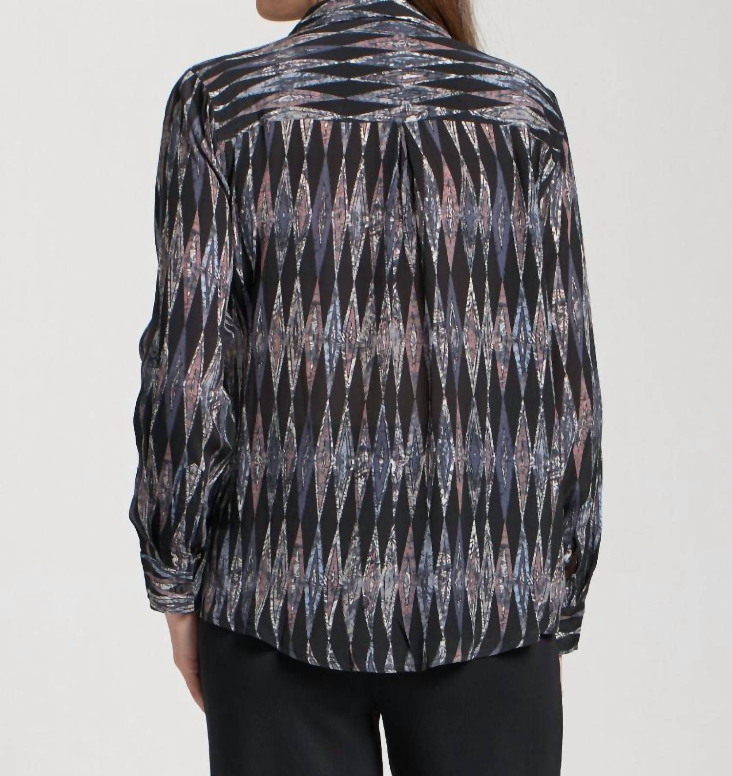 APNY Roll-up Sleeves Button-up Blouse in black multi - women's blouse - detail view