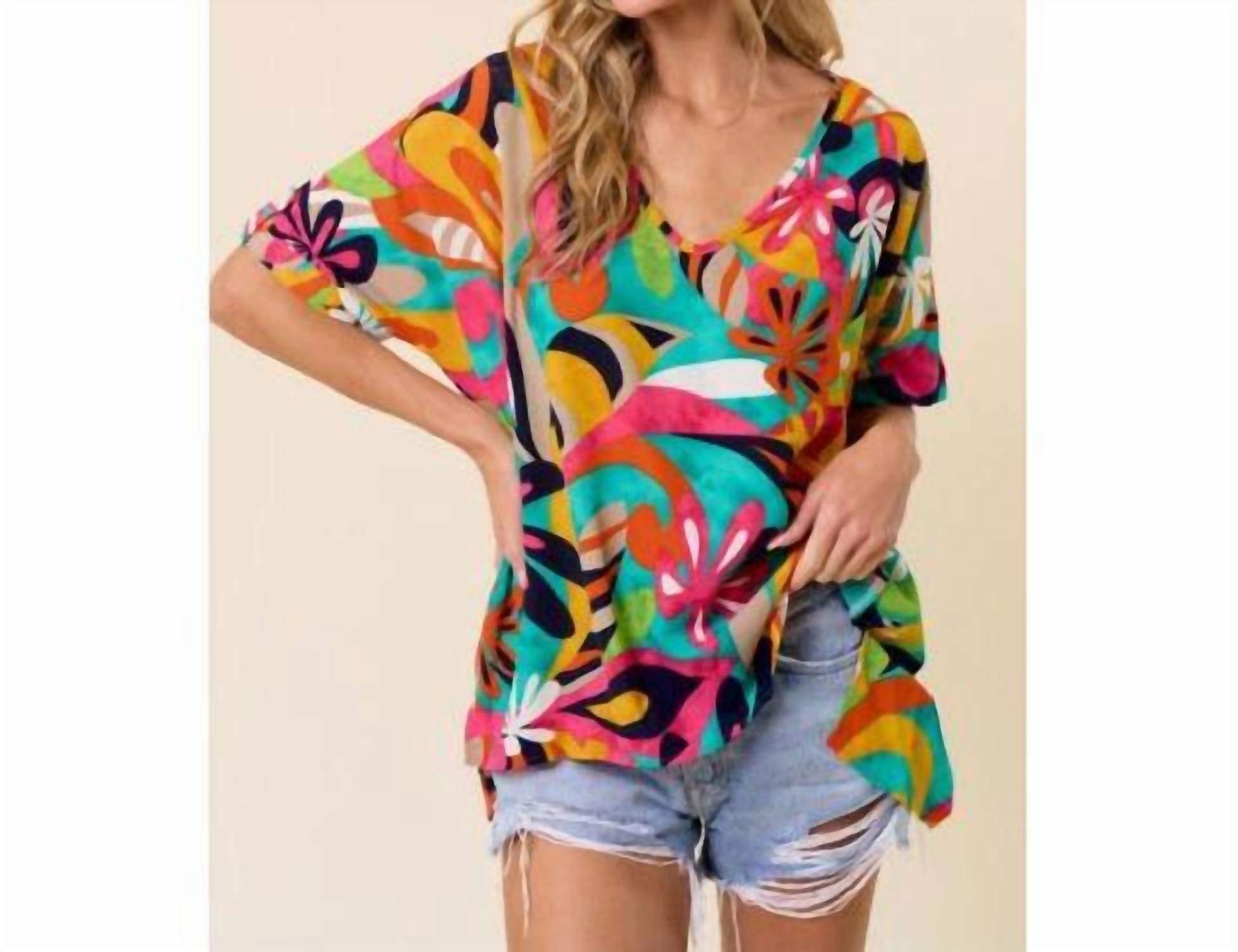 Lovely Melody - Colorful Floral Hi-Lo V-Neck Top
