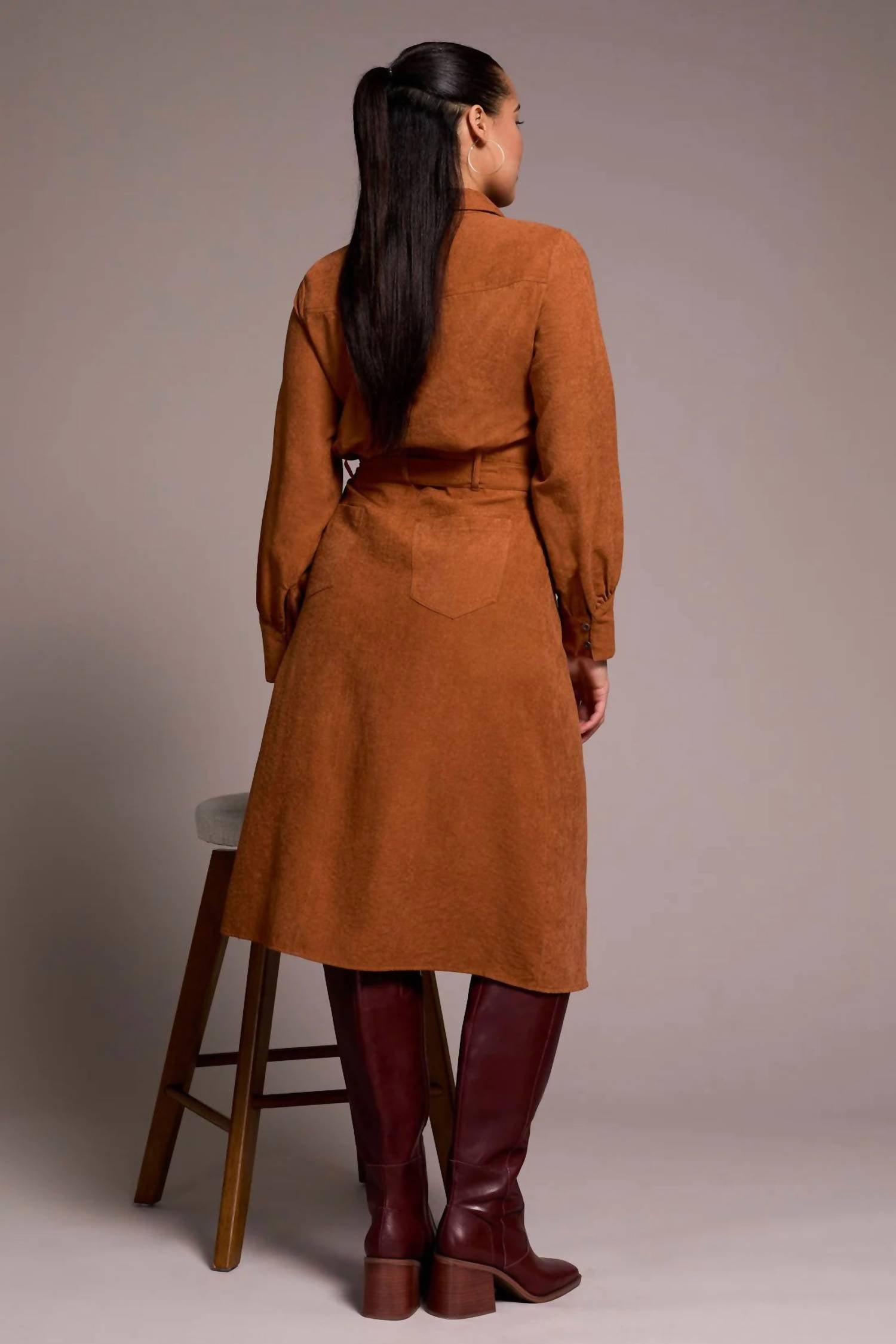 Tribal - Faux Belted Long Sleeve Maxi Dress