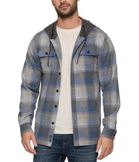 Flags & Anthem Poston Hero Hooded Knit Flannel Shirt Jacket in charcoal grey blue - men's jacket