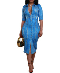 Her Bottari - Denim Effect Button Down Midi Dress