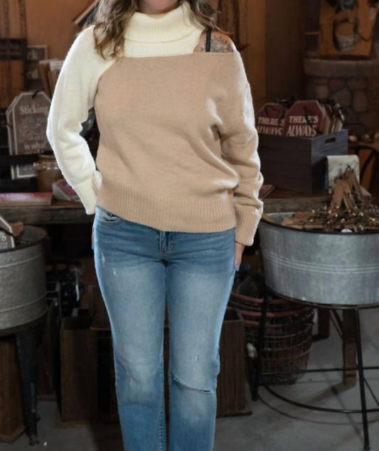 Venti6 - Two Tone Knit Sweater with Cold Shoulder
