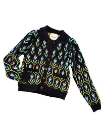 &Merci - Floral Knit Collared Sweater Cardigan