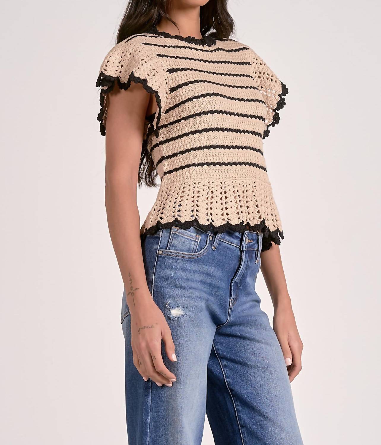 Elan - Nina Stripe Ruffle Sleeve Sweater