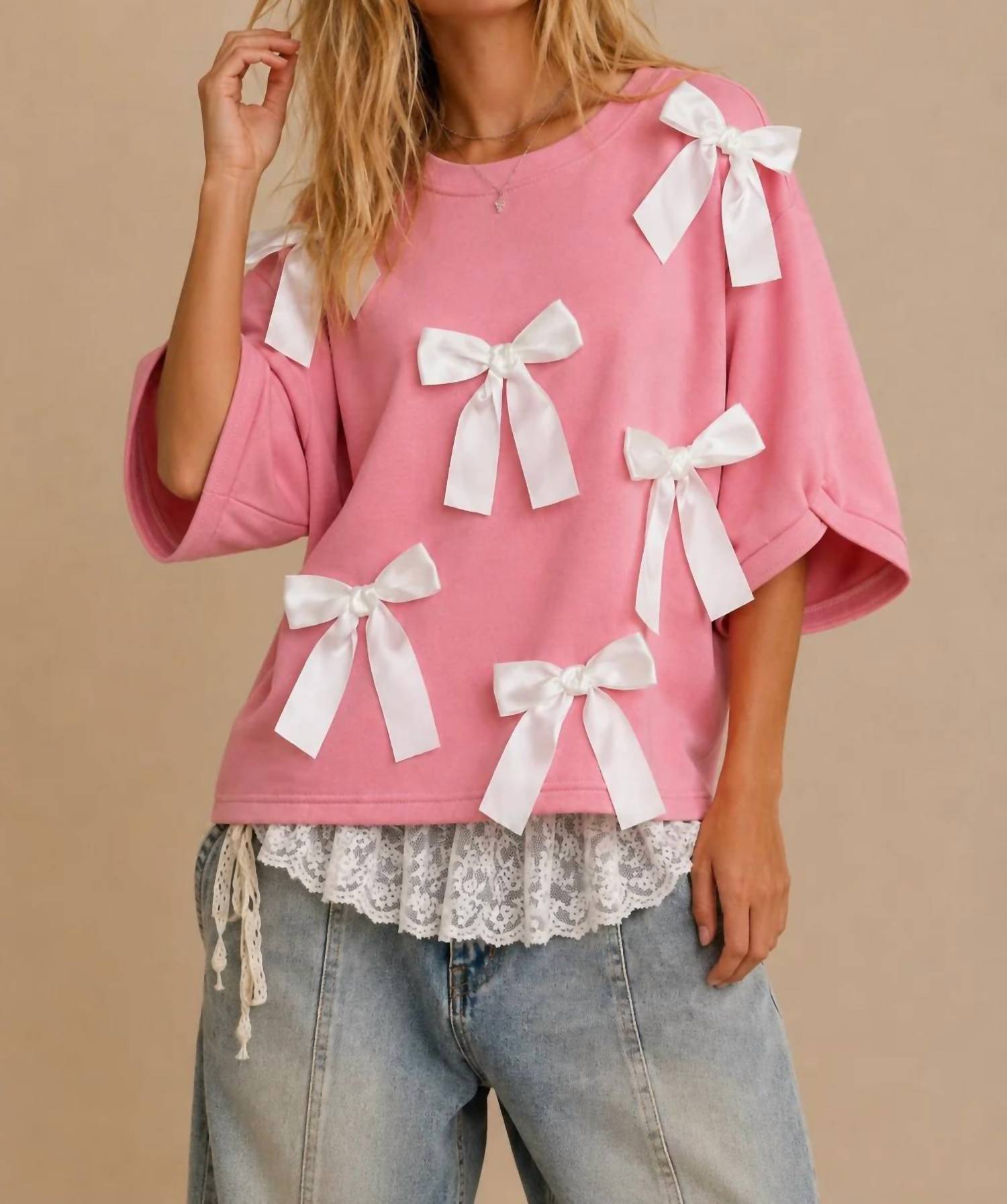 J.Nna - Rosy Bow-embellished Short-sleeve Top