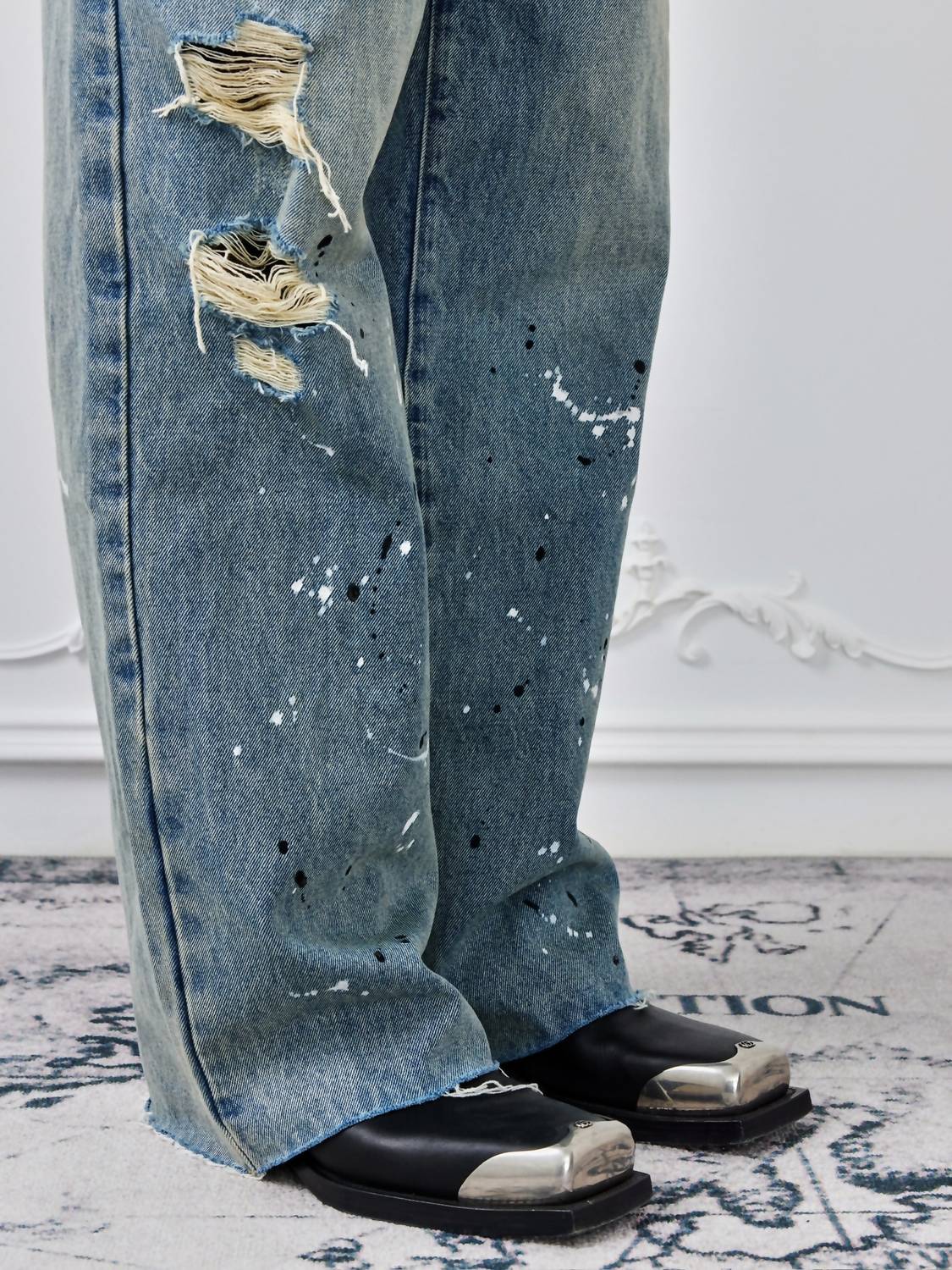 Birth Of Royal Child - Chain Ink Print & Fray Distressed Jeans
