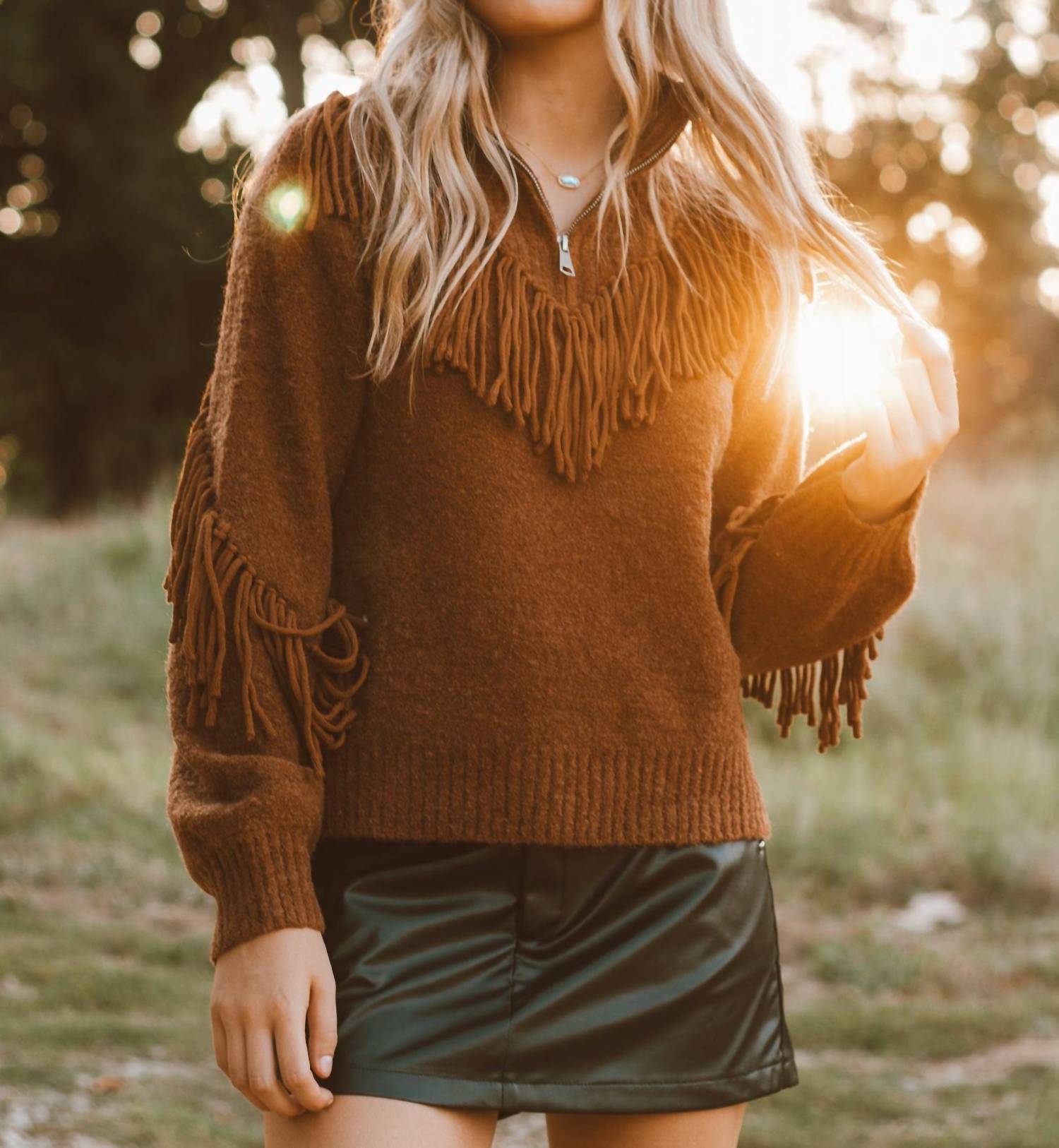 Miss Me Fringe Forever Turtleneck Sweater in brown - women's sweater - alternate view