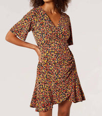 Apricot - Side Ruch Graphic Ditsy Wrap Dress