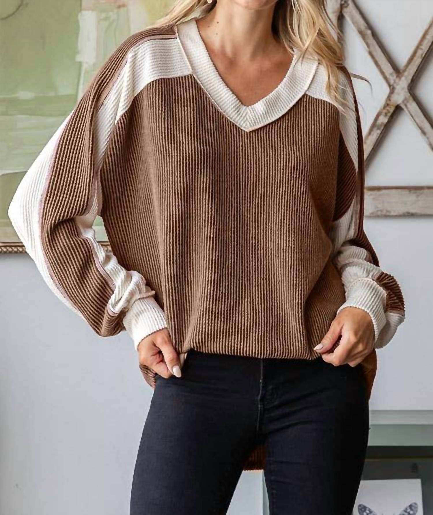7Th Ray - Color Block Ribbed V-neck Top
