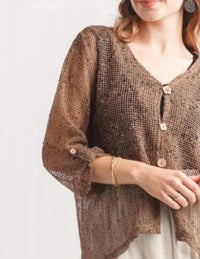 Papillon - Wooden Buttons & Tab Sleeve Mesh Top