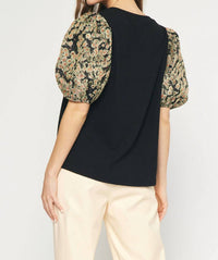 entro Floral Jacquard Sleeve Top in black - women's t-shirt - alternate view