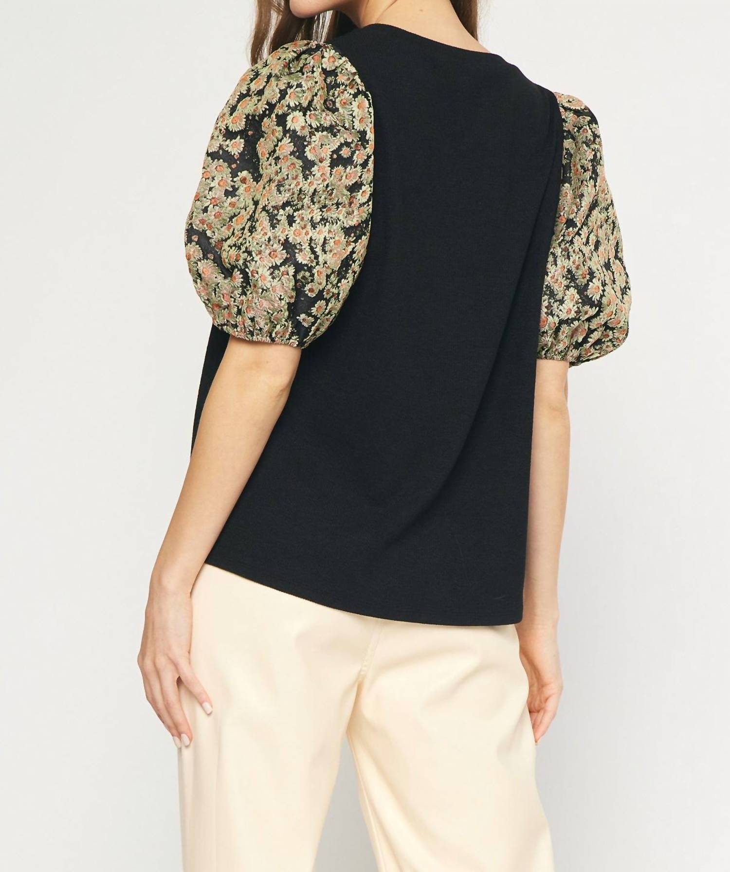 entro Floral Jacquard Sleeve Top in black - women's t-shirt - alternate view