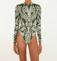 FARM RIO Miranda Long Sleeve Bodysuit in dark green - women's shirt - detail view