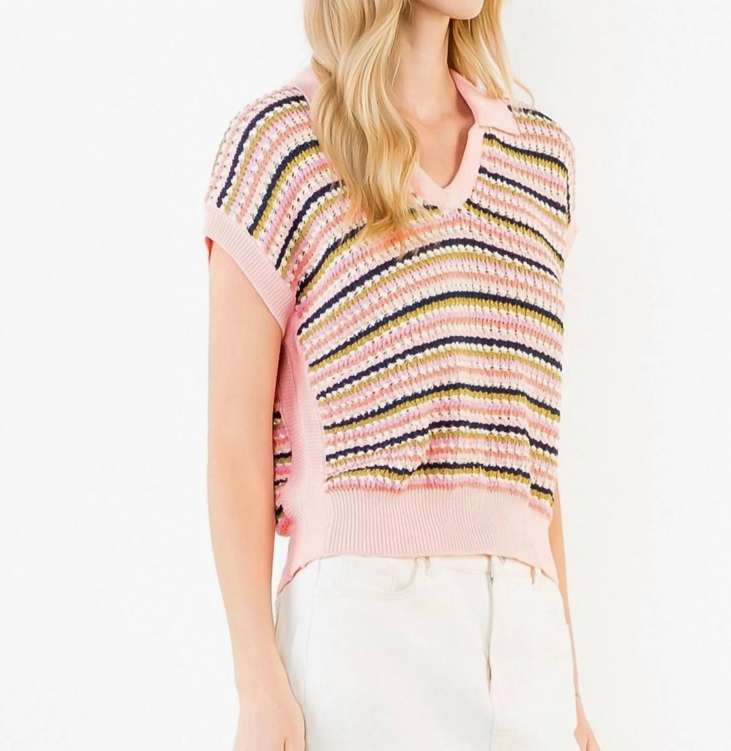 THML Open Knit Collard Sweater Top in pink - women's blouse - alternate view