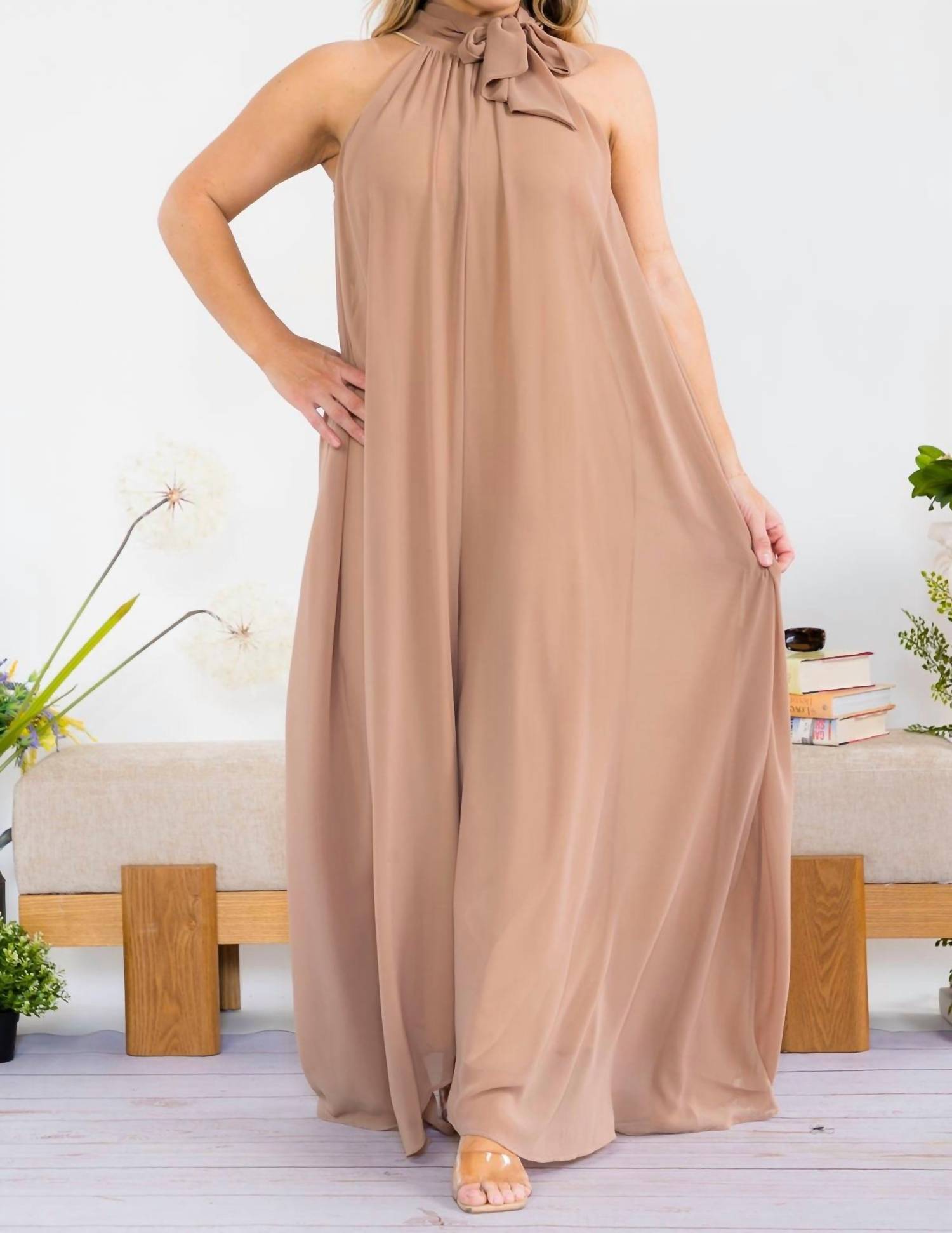 Karen Kane Sleeveless Halter Jumpsuit in beige - women's pants - view 4