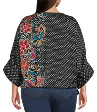 Democracy - 3/4 Dolman Sleeve Polka Dot & Floral Boatneck Top