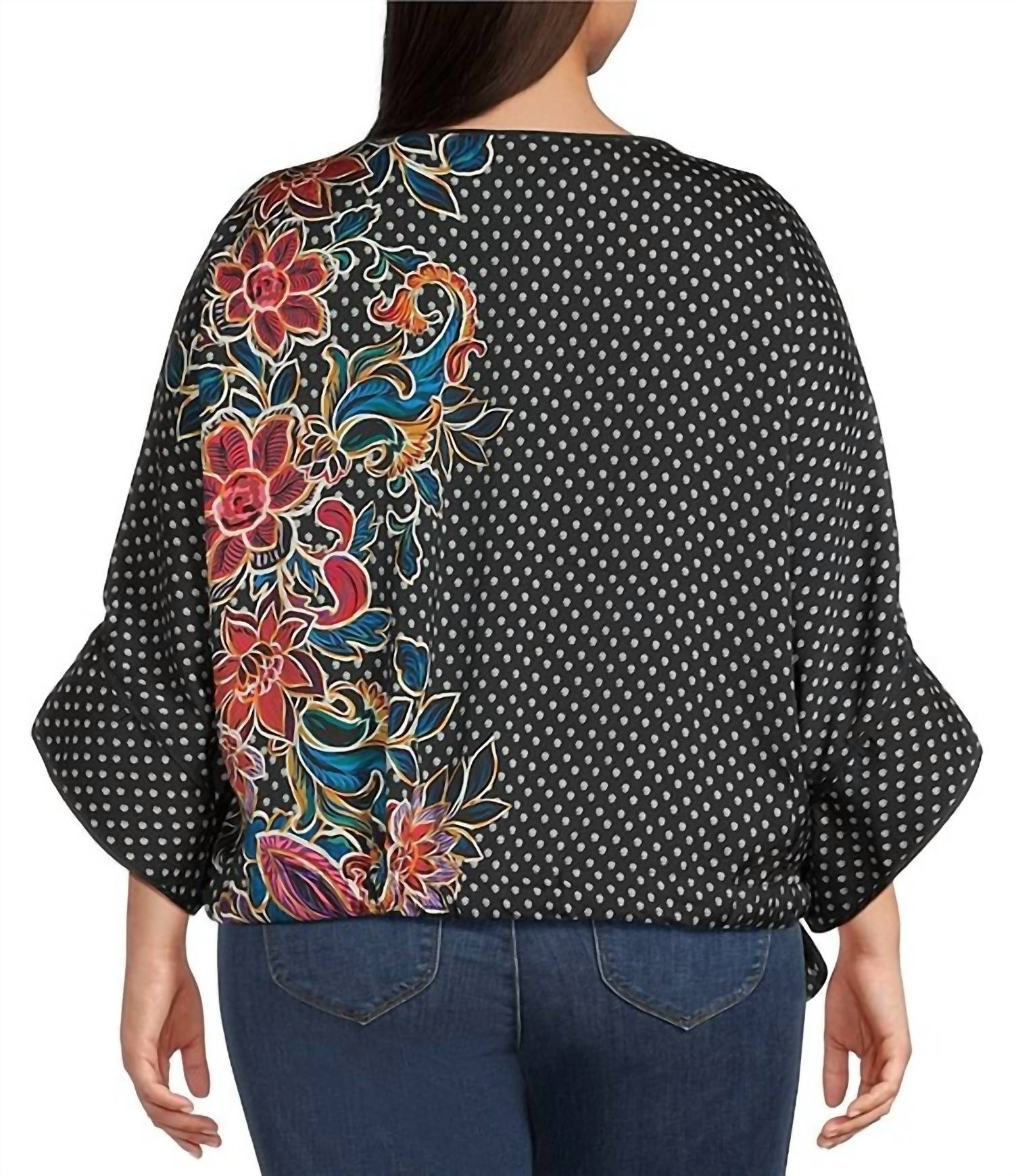 Democracy - 3/4 Dolman Sleeve Polka Dot & Floral Boatneck Top
