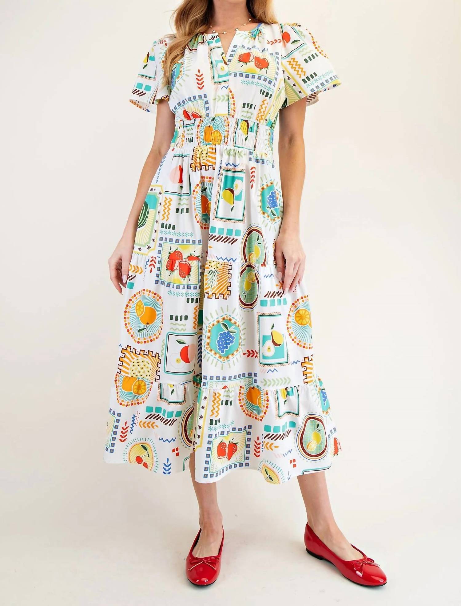 Easel - Women's Genevieve Fruit Printed Poplin Midi Dress
