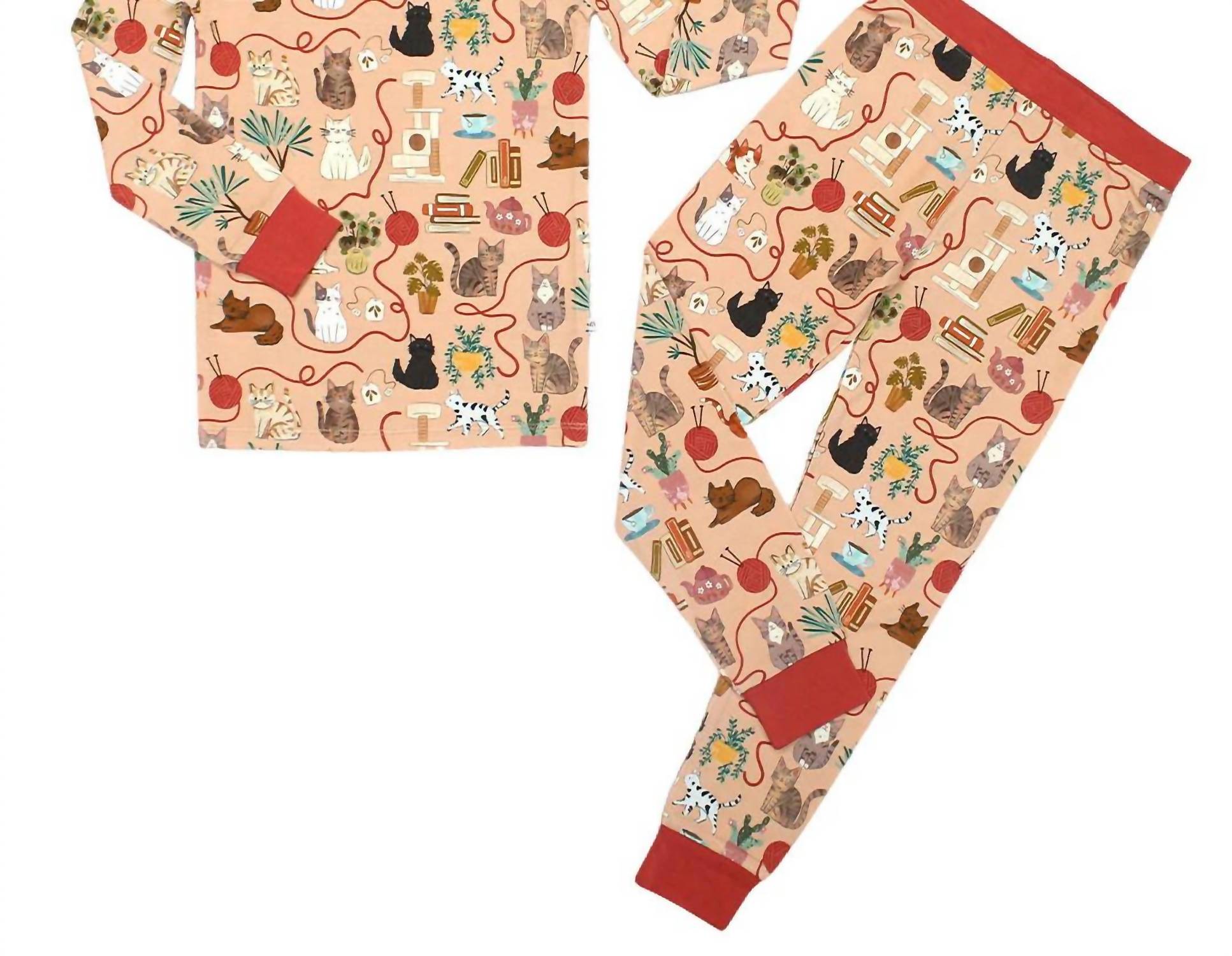 Emerson And Friends - Kids' Cats Meow Two-Piece Bamboo Short Sleeve Pajama Pants Set