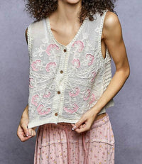 Pol - Fernanda Boho Prairie Lillies Embroidery Button Down Vest Top