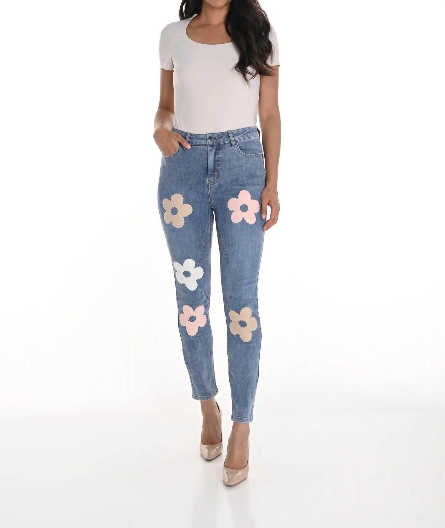 Frank Lyman Freesia Floral Embroidered Denim Jean in light blue pinks and white - women's jeans - alternate view