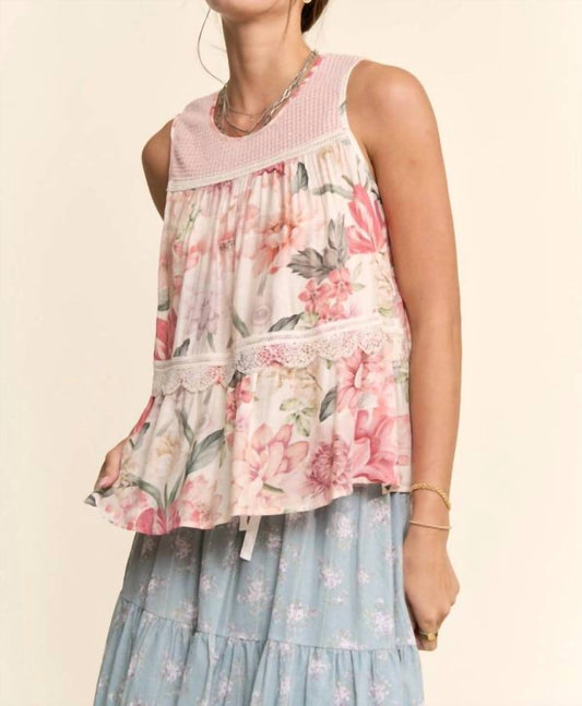 Davi & Dani - FLORAL PRINTED LACE DETAIL BABYDOLL TOP