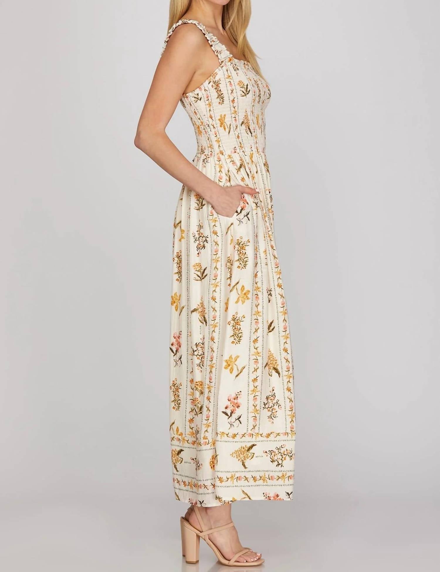 She + Sky - Sleeveless Print Smocked Maxi Dress