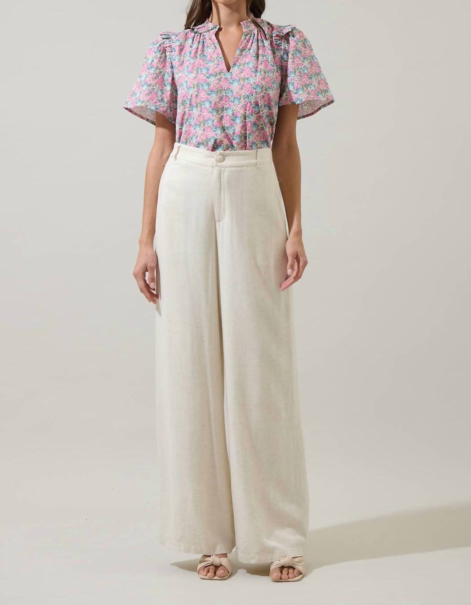 SUGARLIPS Gemalee Eyelet Mei Split Neck Top in pink green - women's blouse - view 6