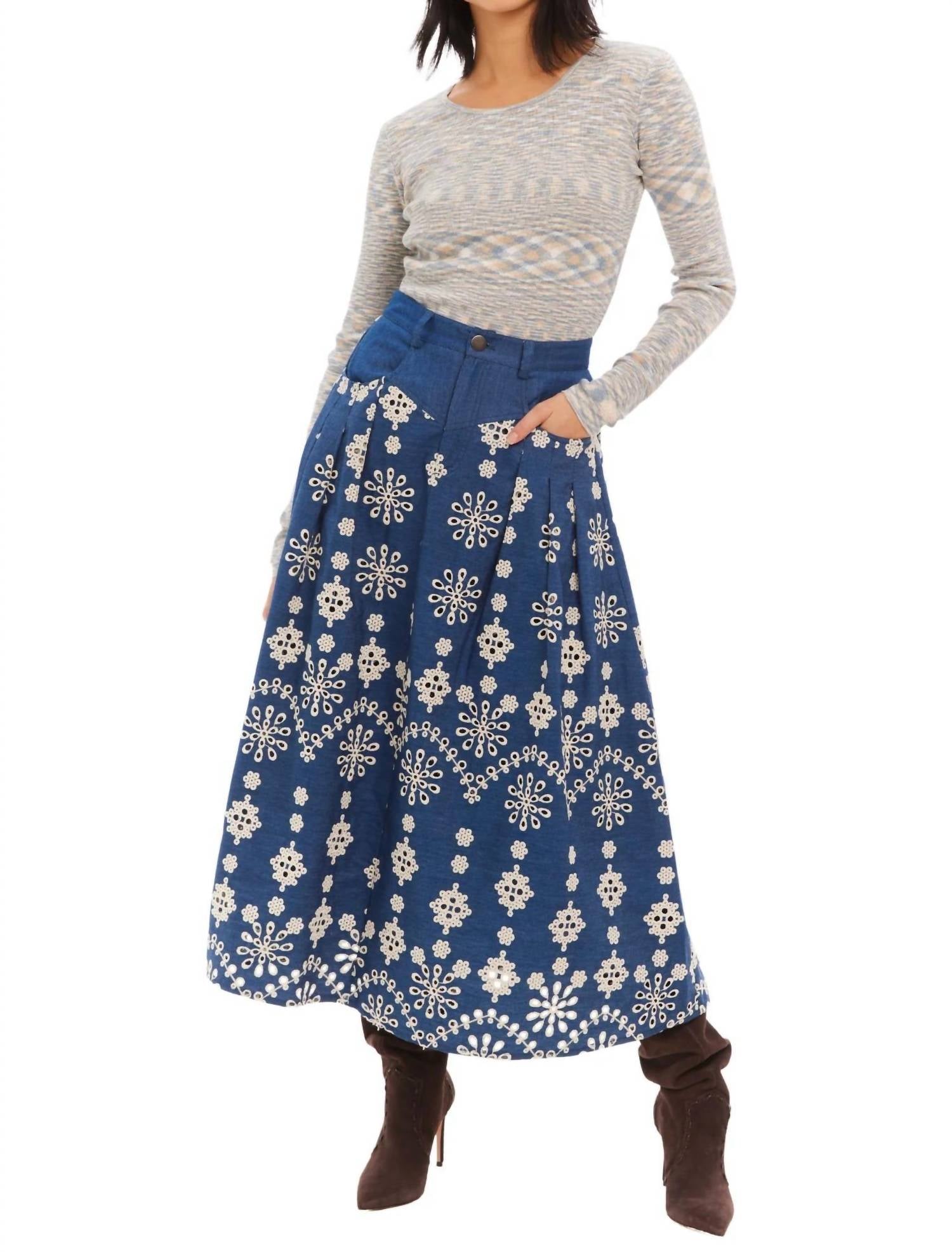 Allison New York - Greta Chambray Eyelet Midi Skirt