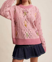 Listicle - Embroidered Flower Detail Checkered Knit Sweater