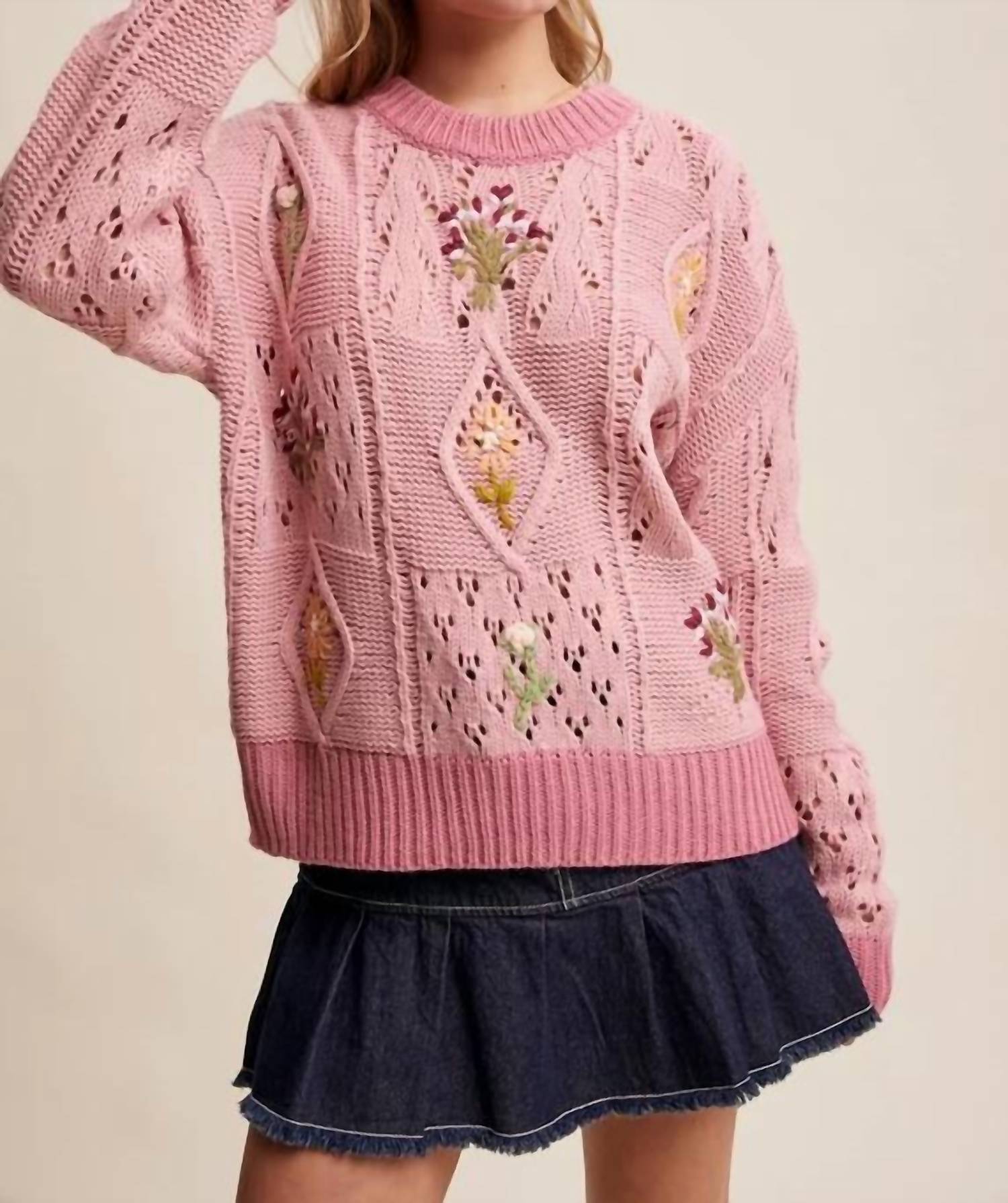 Listicle - Embroidered Flower Detail Checkered Knit Sweater