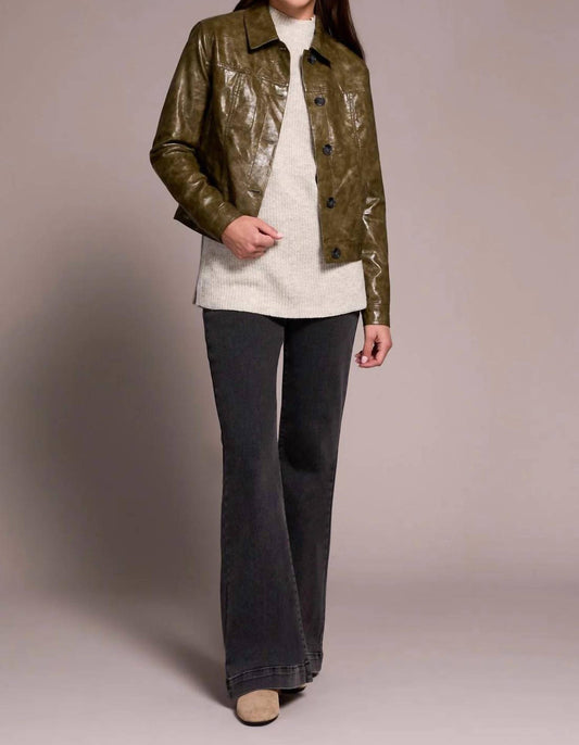 Tribal - Faux Leather Button-front Collar-accent Jacket