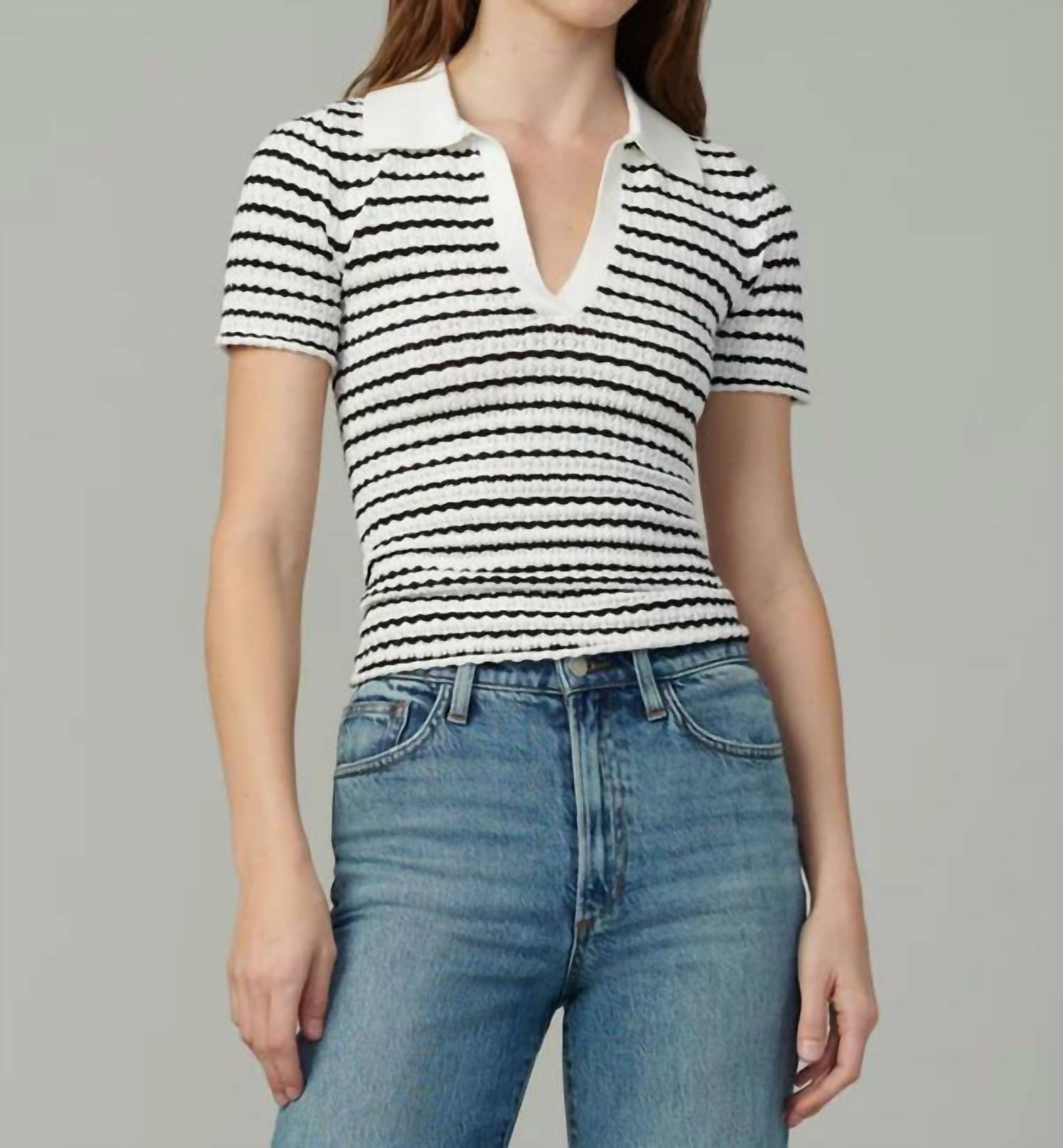Joe's Jeans Jess Pointelle Polo Shirt in milk black stripe - women's t-shirt - detail view