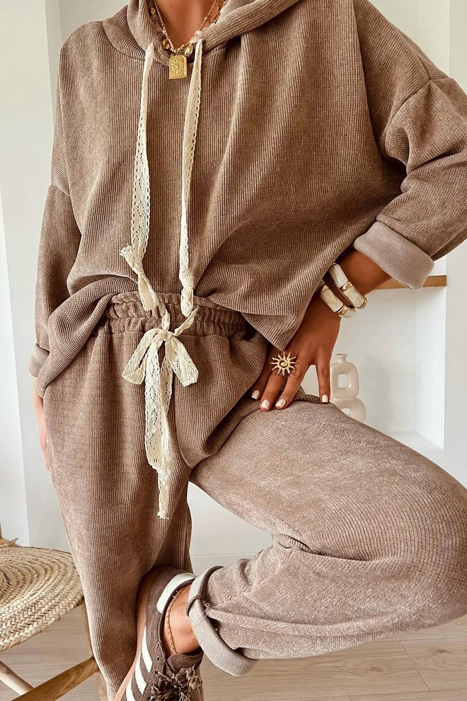 Shewin Inc. - Lace Hoodie And High Waist Pants Corduroy Suit