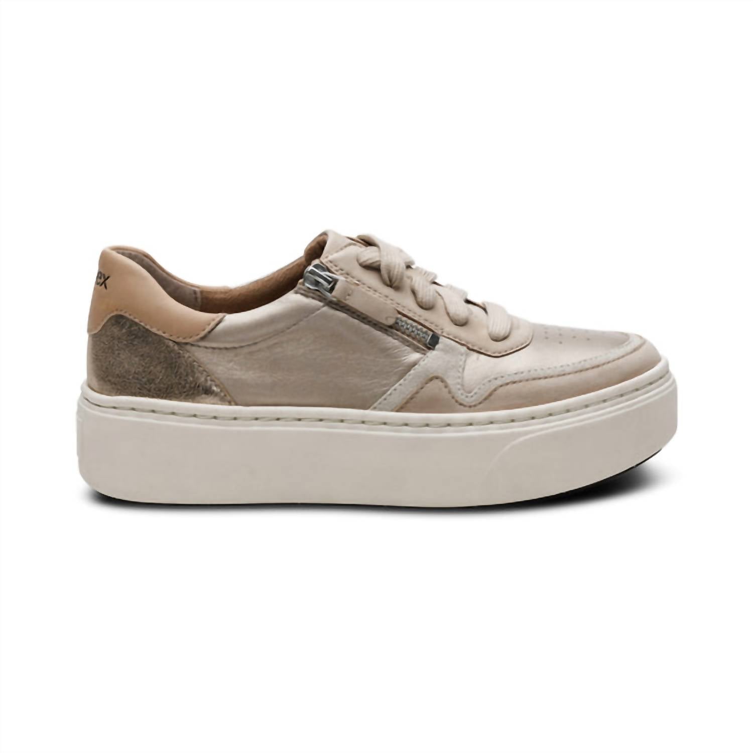 Aetrex Women's Leigh Suede Side Zip Platform Sneakers in tan - women's sneaker - detail view
