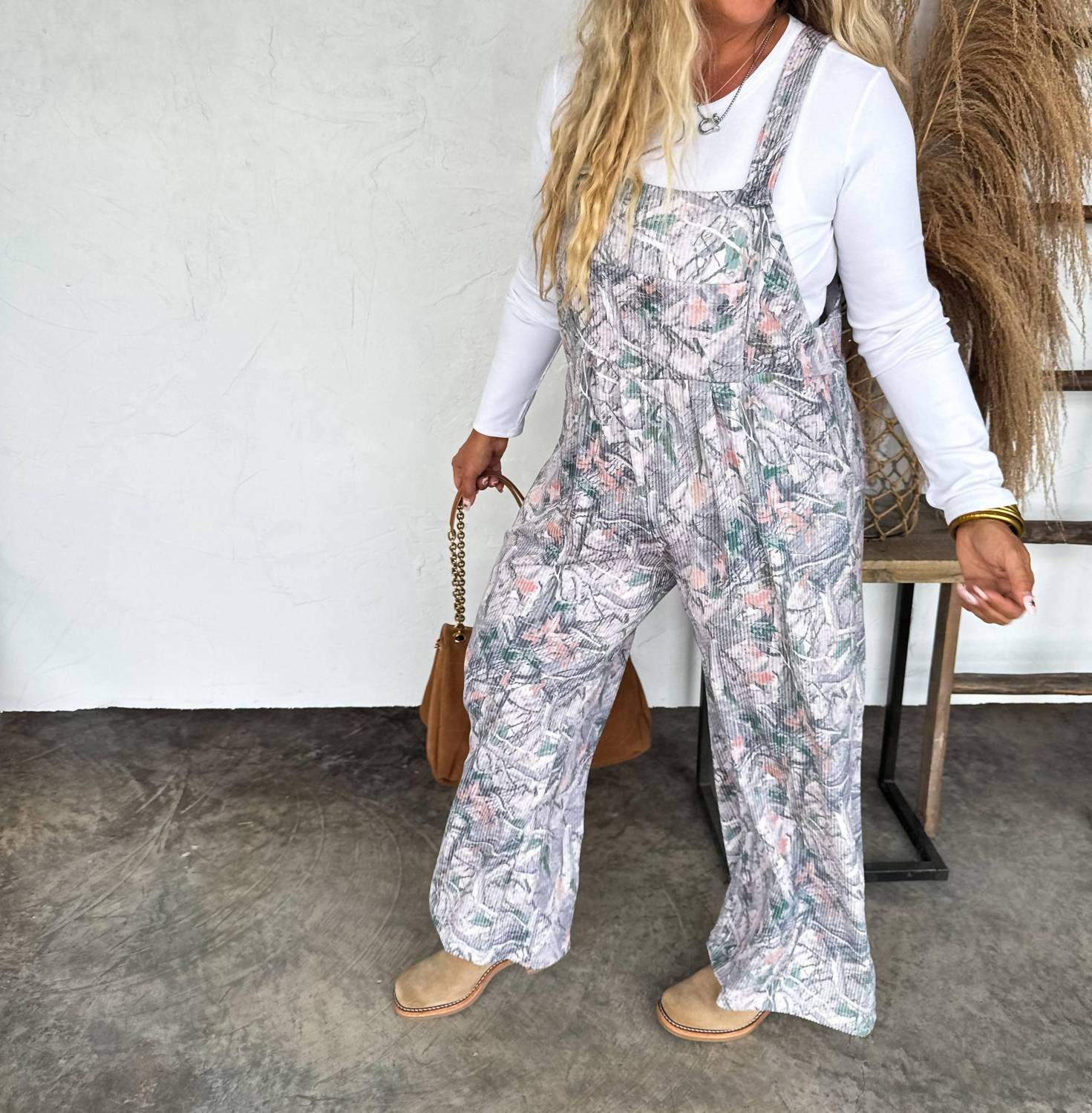 BLAKELEY Hunting Karli Ribbed Relaxed Fit Jumpsuit in camo - women's pants - detail view
