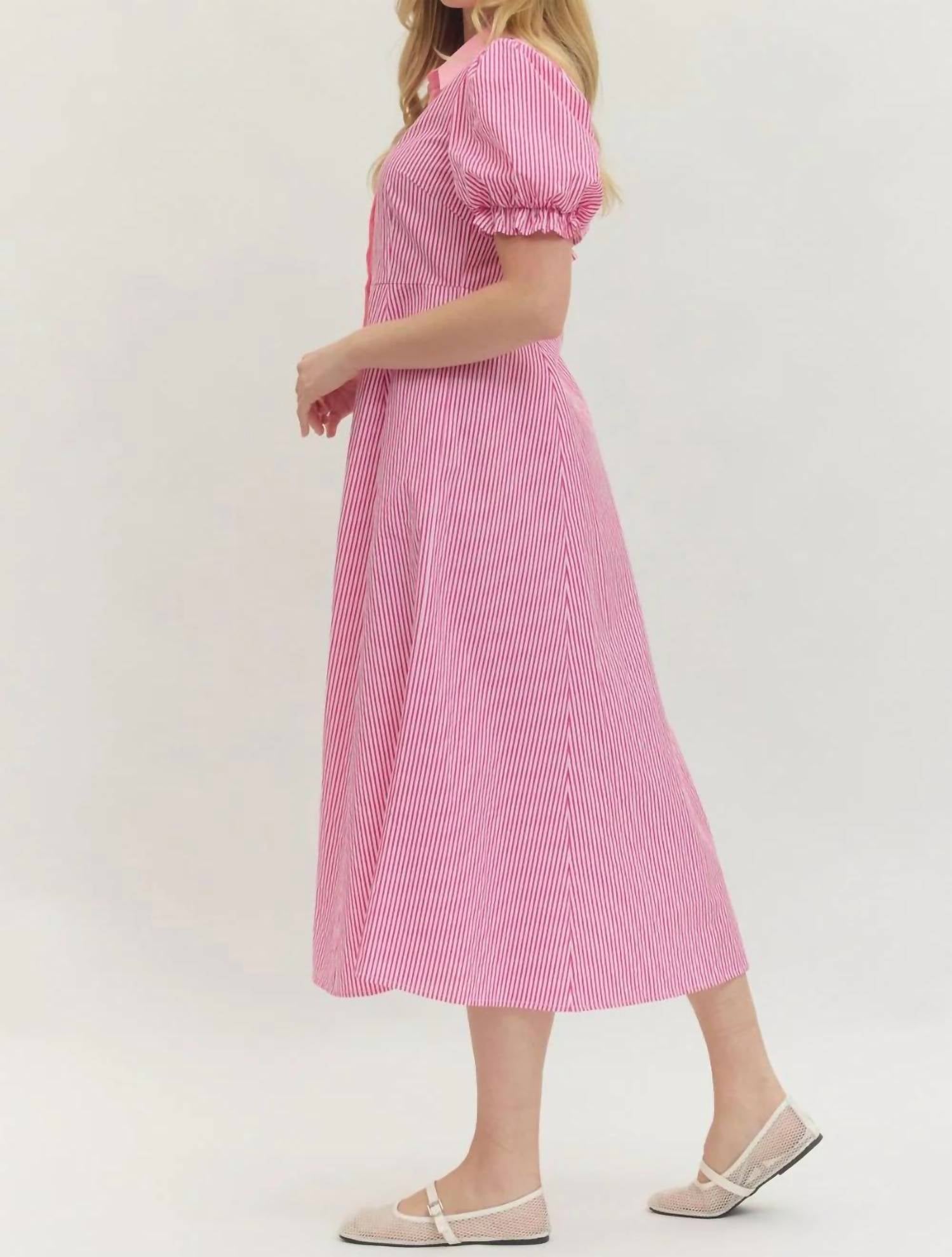 Entro - Stripe Print Short Puff Sleeve Midi Dress